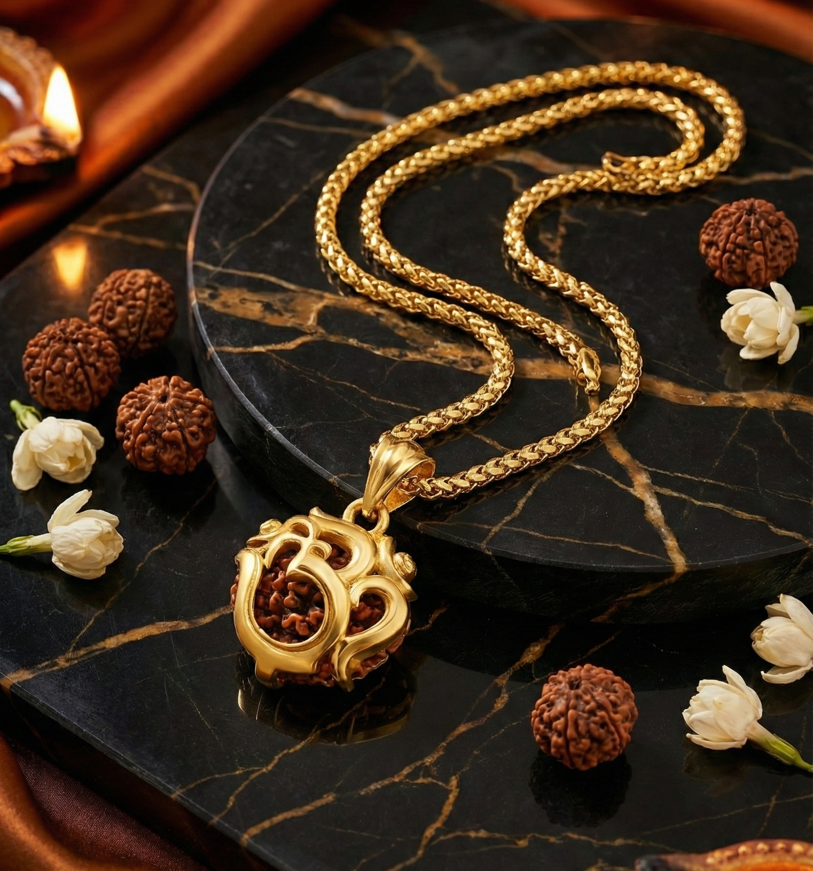 Luxify Exclusive: Golden Om Rudraksha Pendant with Premium Chain